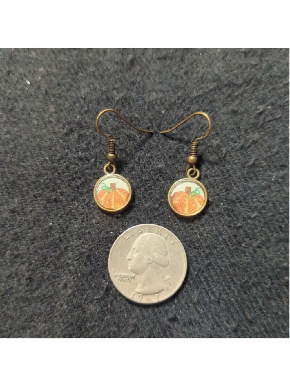 Bronze Tone White and Orange Glitter Pumpkin Dainty Drop Statement Earrings - Picture 2 of 3